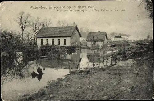 Ak Zeeland Niederlande, Watersnood 1906, Hochwasser, Woonhuis le Boerderij in den Eng. Polder