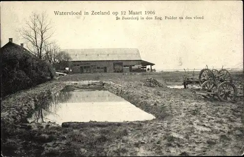 Ak Zeeland Niederlande, Watersnood 1906, Hochwasser, Boerderij in den Eng. Polder