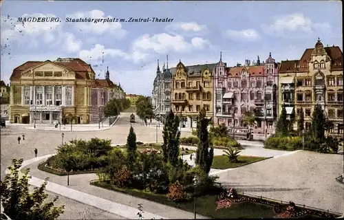 Ak Magdeburg, Staatsbürgerplatz mit Zentral Theater, Parkanlage