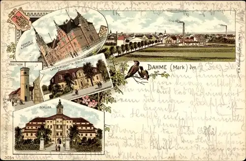 Litho Dahme in der Mark, Schloss, Landwirtschaftsschule, Turm, Rathaus, Postamt, Wappen