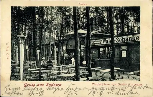 Ak Berlin Treptow Wuhlheide, Waldschänke bei Sadowa, Garten