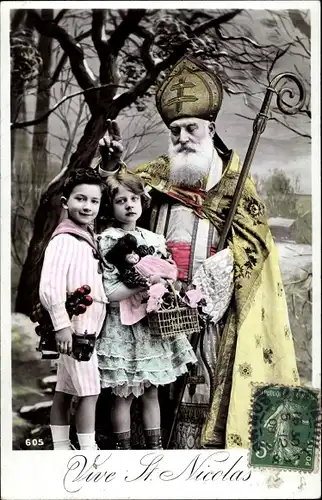 Ak Vive St. Niclas, Nikolaus mit Kindern, Geschenke