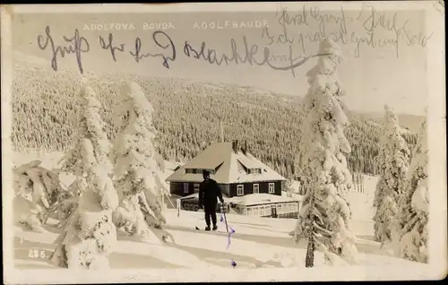 Ak Spindleruv Mlýn Spindlermühle Riesengebirge Region Königgrätz, Adolfbaude im Winter