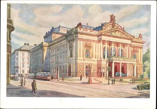 Künstler Ak Kousek, Brno Brünn Südmähren, Divadlo, Theater, Straßenbahn