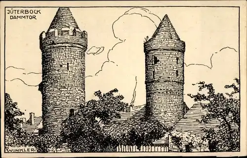 Künstler Ak Winkler, P., Jüterbog im Kreis Teltow Fläming, Dammtor, zwei Türme