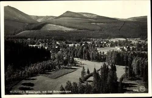 Ak Wilcza Poręba Wolfshau Krummhübel Riesengebirge Schlesien, Landschaftsblick mit Schneekoppe