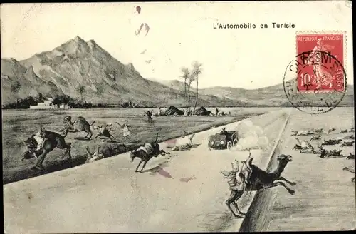 Ak L'Automobile en Tunisie, Fliehende Tiere, Kamel, Esel