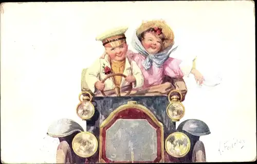 Künstler Ak Feiertag, K., Kinder im Automobil