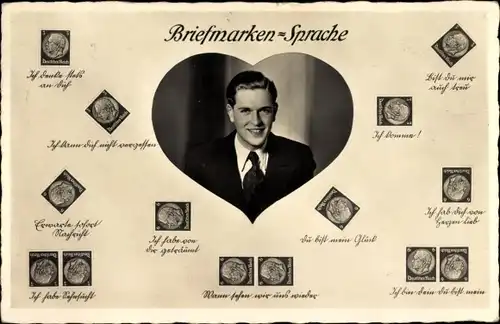 Briefmarken Ak Briefmarkensprache, Männerportrait, Herz