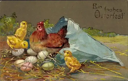 Präge Litho Glückwunsch Ostern, Huhn, Küken, Ostereier