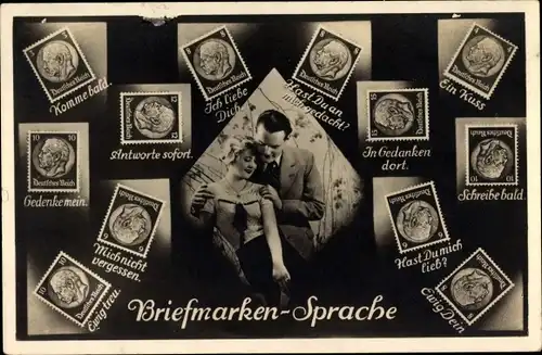 Briefmarken Ak Briefmarkensprache, Komme bald, ich liebe dich, ein Kuss, Liebespaar