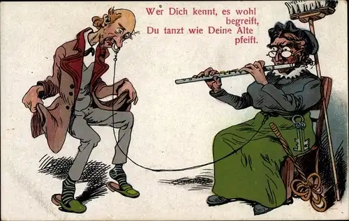 Ak Du tanzt wie Deine Alte pfeift, Frau hat Ehemann an der Leine, Nasenring