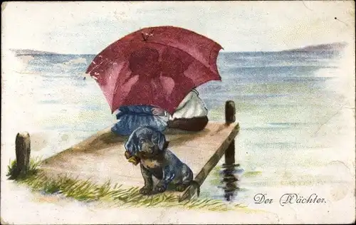 Ak Der Wächter, Dackel und Liebespaar auf einem Steg