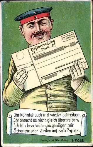 Litho Soldat, Postanweisung, Ich könntet auch mal wieder schreiben..