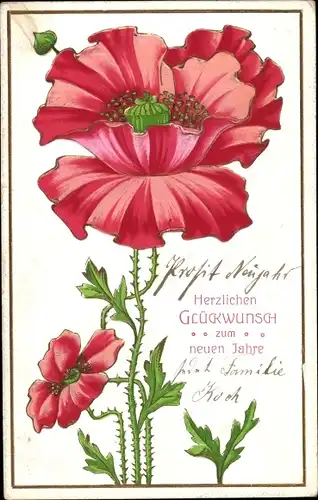 Präge Litho Glückwunsch Neujahr, Mohnblüte