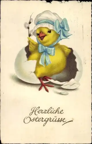 Ak Glückwunsch Ostern, Vermenschlichtes Küken schlüpft aus einem Ei