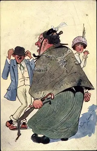 Künstler Ak Wütende Ehefrau schreit Ehemann an, zerbrochener Regenschirm