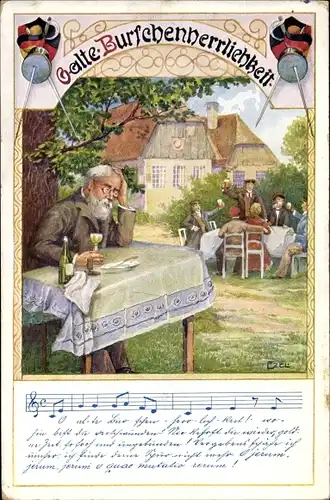 Studentika Lied Künstler Ak Ezel, O alte Burschenherrlichkeit, Alter Mann, Studenten, Degen