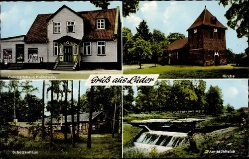 Ak Lüder in Niedersachsen, Geschäftshaus Kulikowsky, Schützenhaus, Am Mühlteich, Kirche