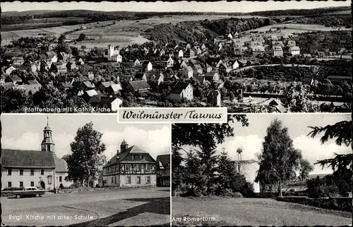 Ak Weilmünster im Taunus Hessen, Ev. Kirche mit alter Schule, Am Römerturm, Pfaffenberg