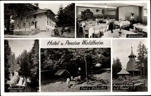 Ak Bad Säckingen am Hochrhein, Hotel und Pension Waldheim, Wasserfall, Park, Aussichtsturm