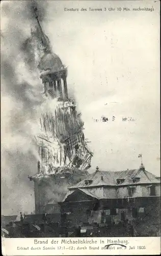 Ak Hamburg Mitte Neustadt, Michaeliskirche, Kirche St. Michaelis, Michel, Brand, Einsturz des Turms
