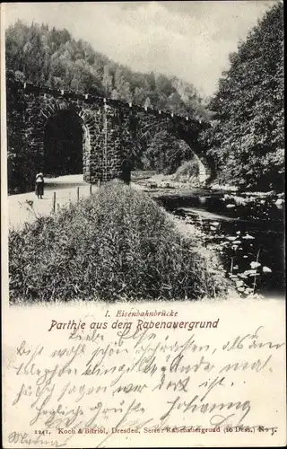 Ak Rabenau im Erzgebirge,  I. Eisenbahnbrücke, Partie aus dem Rabenauergrund