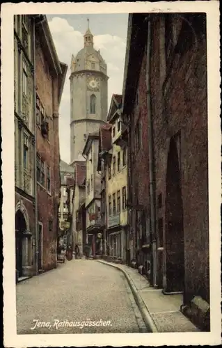 Ak Jena in Thüringen, Rathausgässchen mit Blick zum Uhrenturm, Geschäfte