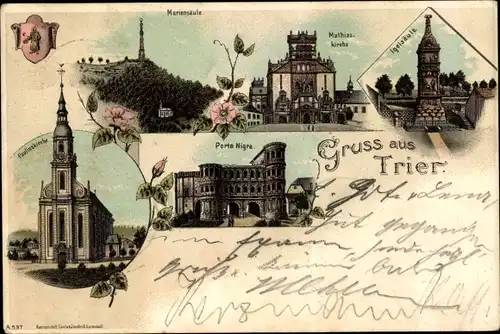 Litho Trier an der Mosel, Mariensäule, Mathiaskirche, Igelsäule, Porta Nigra, Pauluskirche