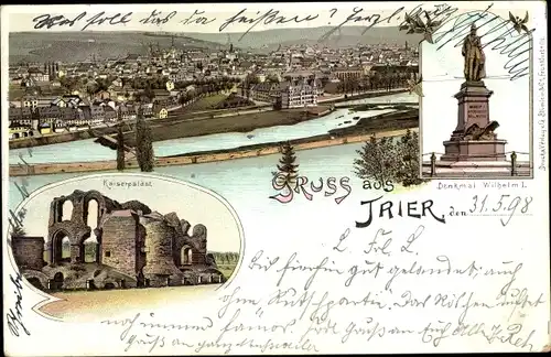 Litho Trier, Totalansicht, Ruine des Kaiserpalastes, Denkmal Wilhelm I