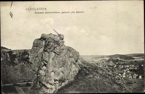 Ak Gerolstein in der Eifel, Kolossale Dolomit-Felsen, genannt die Sphinx, Ortsansicht