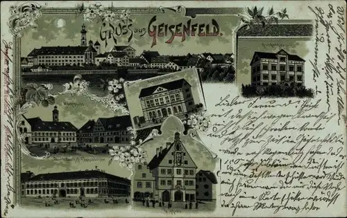 Mondschein Litho Geisenfeld an der Ilm, Rathaus, Krankenhaus, Post, Gasthaus, Knabenschule, Markt