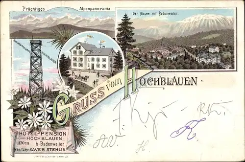 Litho Blauen Badenweiler im Schwarzwald, Hochblauen, Panorama, Pension, Aussichtsturm