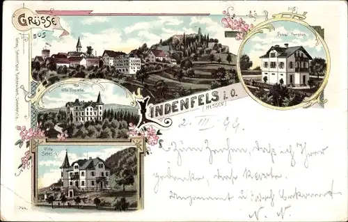 Litho Lindenfels im Odenwald, Gesamtansicht, Villa Schenck, Privat Pension, Villa Einsiedel