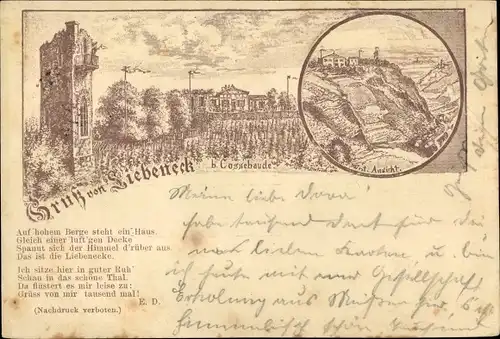 Vorläufer Litho Dresden Cossebaude, Gruß vom Liebeneck, Turm, Westansicht, 1894