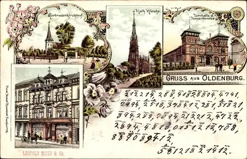 Litho Oldenburg in Niedersachsen, Gertrudenkirchhof, Turnhalle des Turnerbundes, Kath. Kirche