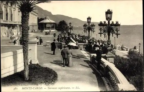 Ak Monte Carlo Monaco, Terrasses superieures, Spaziergänger, Straßenlaternen, Promenade