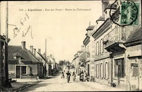 Ak Lignières Cher, Rue des Ponts, Route de Chateauneuf