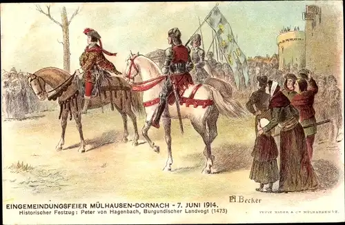 Künstler Ak Becker, Dornach Mulhouse Mülhausen Elsass Haut Rhin, Eingemeindungsfeier 1914, Landvogt
