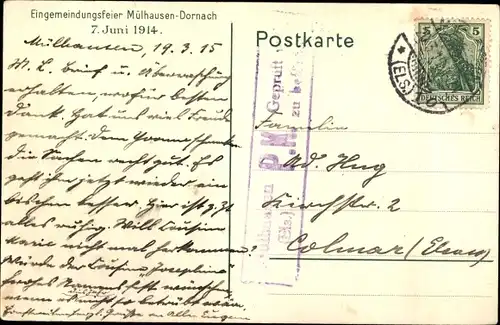 Künstler Ak Becker, Dornach Mulhouse Mülhausen Elsass Haut Rhin, Eingemeindungsfeier 1914, Römer