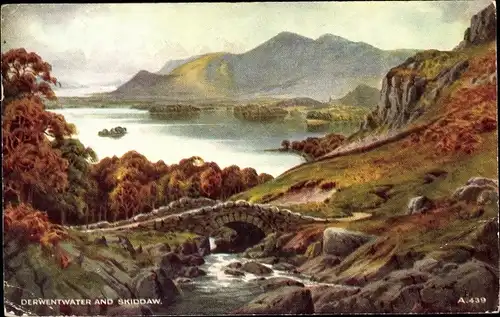 Künstler Ak Cumbria England, Derwent Water and Skiddaw