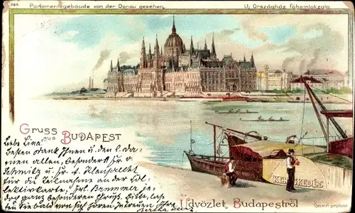 Litho Budapest Ungarn, Parlamentsgebäude von der Donau aus