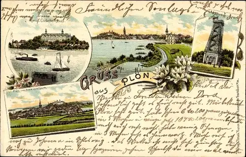 Litho Plön am See Holstein, Aussichtsturm, Kadettenhaus, Blick auf den Ort
