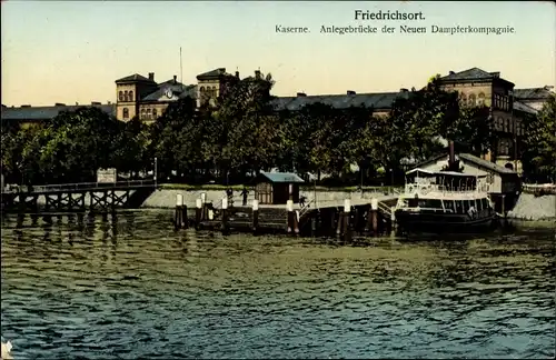 Ak Friedrichsort Kiel in Schleswig Holstein, Kaserne, Anlegebrücke der Neuen Dampferkompagnie