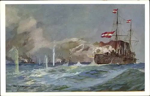 Künstler Ak Heusser, Harry, Österreichisches Kriegsschiff SMS Zenta, Rapidkreuzer, kuk Kriegsmarine