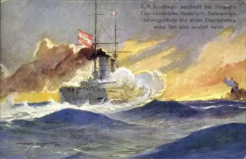 Künstler Ak Heusser, Öst. Kriegsschiff, SMS Zrinyi beschießt bei Sinigaglia Eisenbahnbrücke