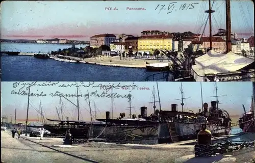 Ak Pola Pula Kroatien, Österreichische Kriegsschiffe im Hafen, Stadtansicht