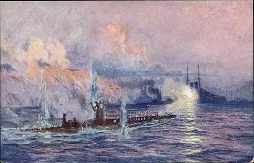 Künstler Ak Österreichische Kriegsschiffe versenken französisches U Boot Curie, I WK