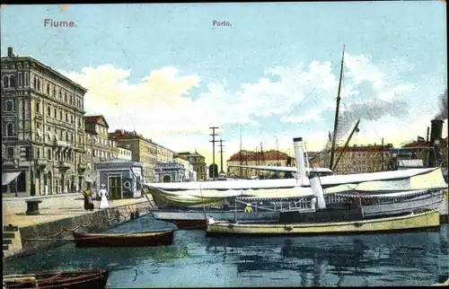 Ak Rijeka Fiume Kroatien, Hafenpartie mit Dampfern