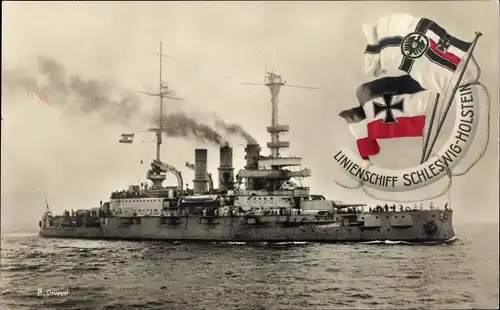 Ak Deutsches Kriegsschiff, Linienschiff Schleswig Holstein, Kaiserliche Marine, Reichskriegsflagge